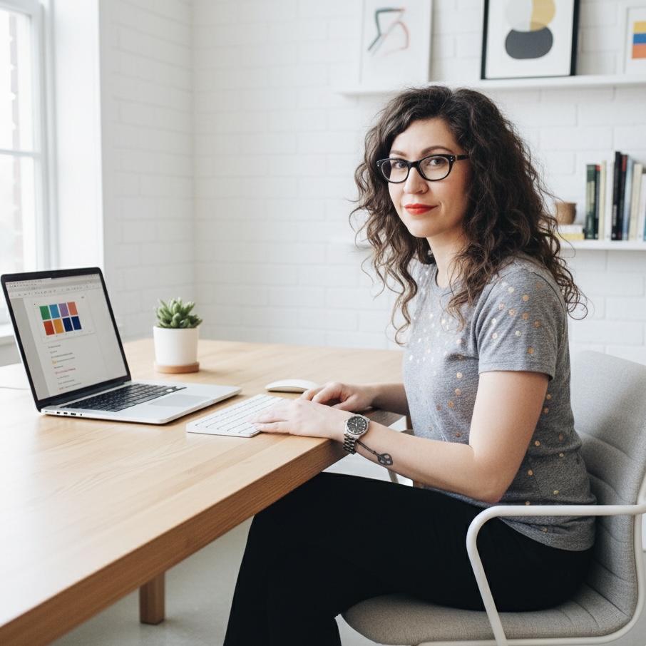 The founder of Partial History, Jessica, smiles as she sits at a desk in front of a laptop computer and looks into the camera. She has long curly hair, red lipstick, and glasses with chunky black frames.